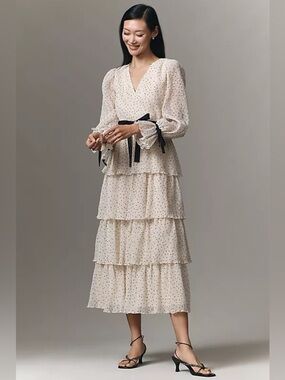 Arose Studio Kendall Long Sleeve V Neck Texture Flocked Dot Tiered Midi Dress